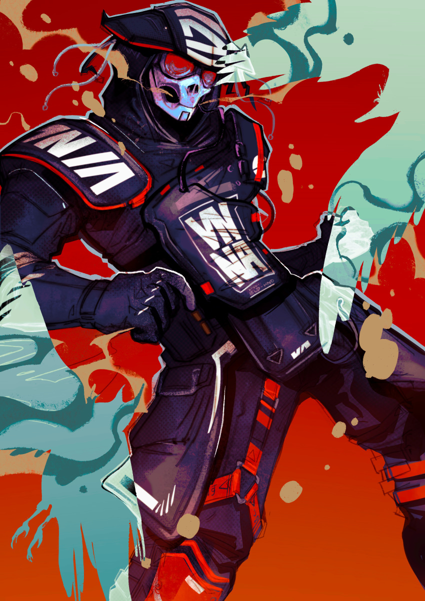 1other absurdres ambiguous_gender apex_legends bloodhound_(apex_legends) goggles helmet highres hood hood_up leaning_back mask official_alternate_costume red_background road_warrior_bloodhound smoke vorcidae