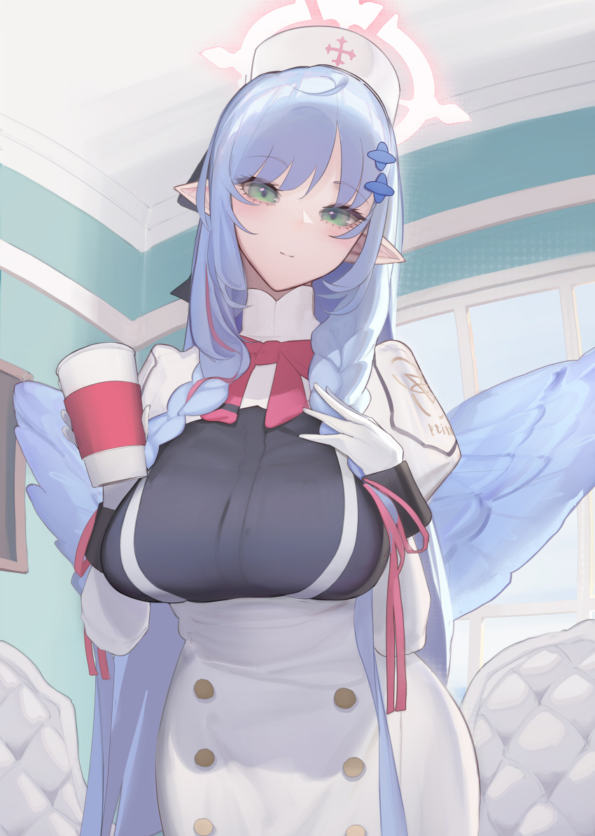 1girl absurdres blue_archive blue_hair blue_wings blush bow bowtie braid breasts buttons closed_mouth cross_print cup dress emblem feathered_wings gloves green_eyes hair_ornament halo hat highres holding holding_cup impossible_clothes indoors large_breasts long_hair long_sleeves looking_at_viewer mine_(blue_archive) nurse_cap pink_bow pink_bowtie pink_halo pointy_ears puffy_sleeves sin9 solo twin_braids white_dress white_gloves window wings