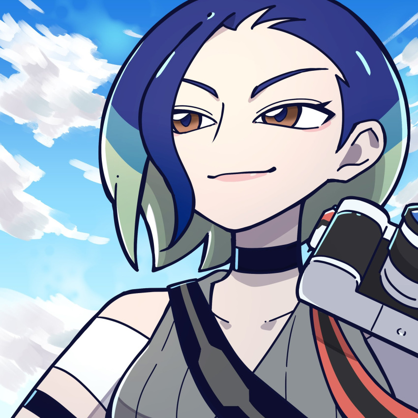 1girl armband bare_shoulders black_armband black_choker blue_hair bob_cut brown_eyes camera choker collarbone crop_top gradient_hair grey_shirt half-closed_eyes highres holding holding_camera loose_hair_strand multicolored_hair perrin_(pokemon) pokemon pokemon_sv ribbed_shirt roku_0502 shirt sleeveless sleeveless_shirt solo undershirt upper_body v-neck