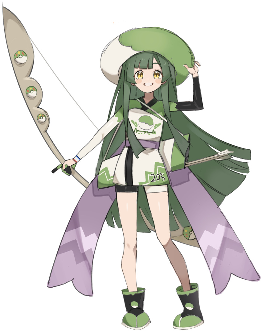 1girl absurdres adapted_costume arrow_(projectile) bike_shorts blunt_bangs blunt_ends blush_stickers boots bow_(weapon) food-themed_hat full_body gloves green_hair grin hand_on_headwear highres hime_cut hiragi_sage holding holding_bow_(weapon) holding_weapon index_finger_raised japanese_clothes kimono long_hair long_sleeves looking_at_viewer multicolored_clothes multicolored_kimono partially_fingerless_gloves poke_ball pokemon pokemon_swsh purple_sash quiver sash short_kimono shoulder_strap simple_background single_glove smile solo standing touhoku_zunko very_long_hair voiceroid weapon white_background yellow_eyes zunda_mochi