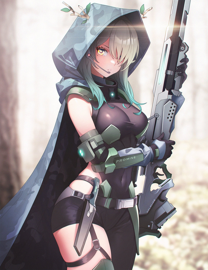 1girl antlers bodysuit branch camouflage camouflage_jacket ceres_fauna cloak elbow_gloves gloves green_hair gun headset highres hololive hololive_english hood hooded_cloak horns jacket knife leotard long_hair looking_at_viewer multicolored_hair rifle sk_jynx solo tree virtual_youtuber weapon woodland_camouflage yellow_eyes