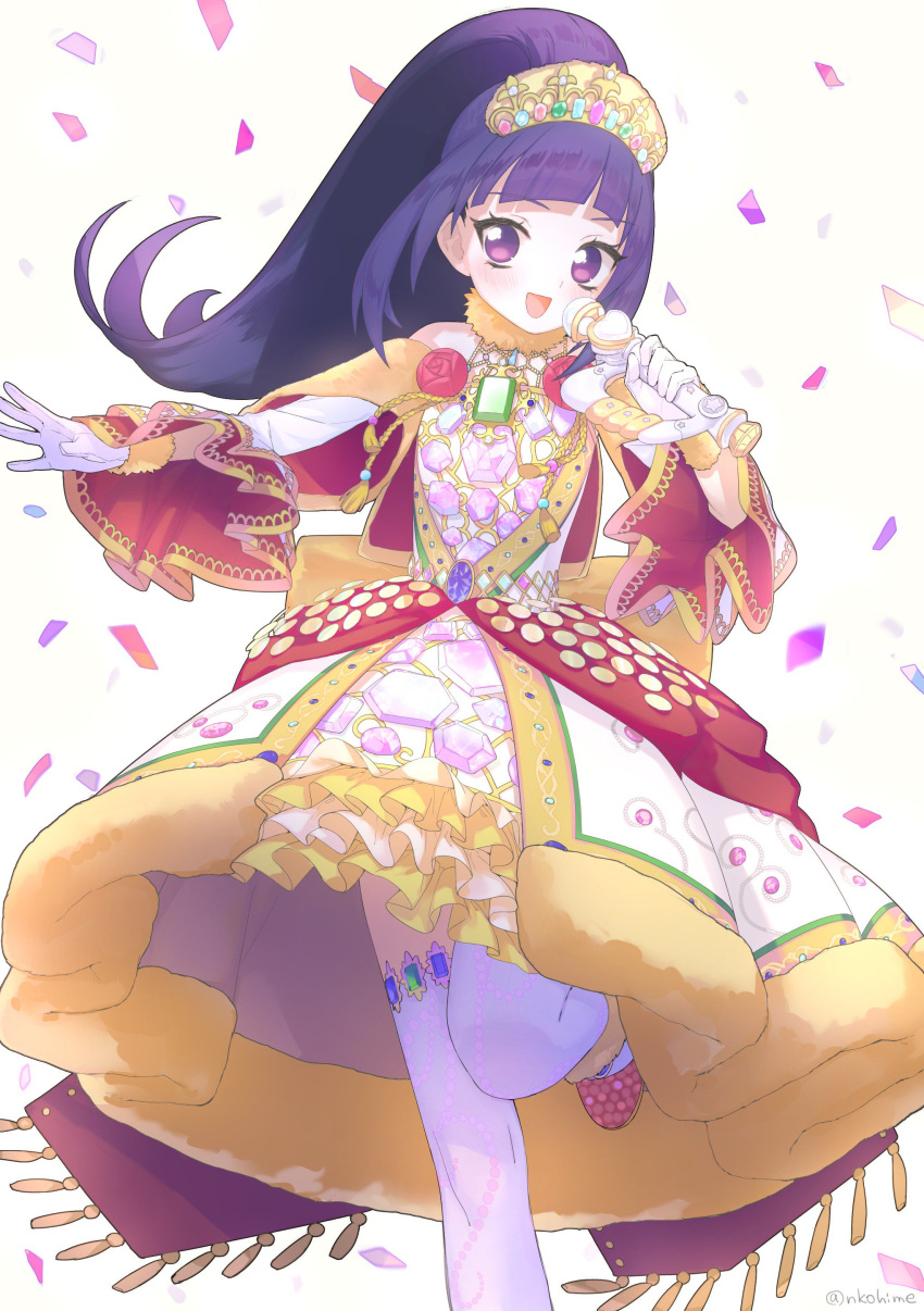 1girl :d absurdres blue_gemstone blunt_bangs blush confetti dress foot_out_of_frame fur-trimmed_dress fur_collar fur_trim gem gloves green_gemstone hanazono_shuka heath_(artist) highres holding holding_microphone idol_clothes idol_time_pripara long_hair looking_at_viewer microphone open_mouth pink_gemstone ponytail pretty_series pripara purple_eyes purple_hair smile solo standing standing_on_one_leg tassel thighhighs third-party_source tiara twitter_username white_background white_dress white_gloves white_thighhighs