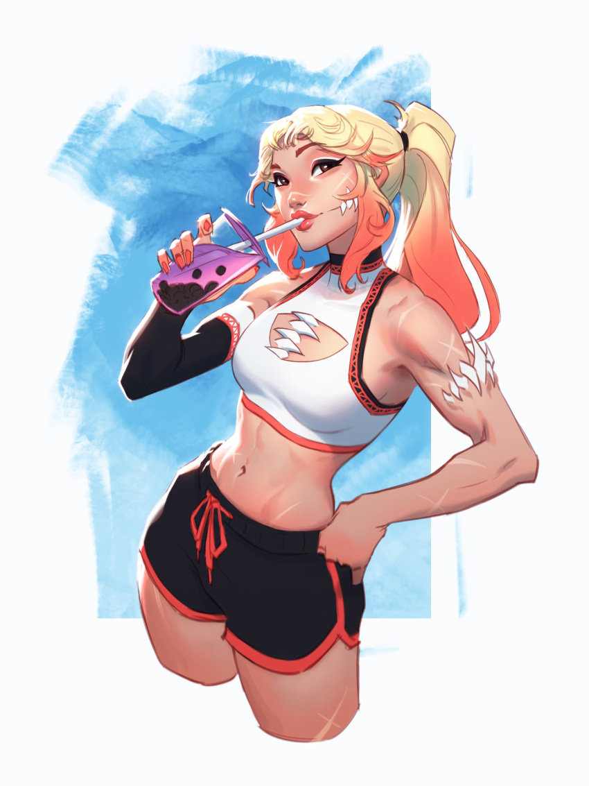 1girl bare_shoulders black_shorts blonde_hair breasts brown_eyes bubble_tea chest_mouth cleavage_cutout clothing_cutout cowboy_shot cup disposable_cup dolphin_shorts drawstring drinking drinking_straw drinking_straw_in_mouth extra_teeth from_above glasgow_smile gradient_hair hand_on_own_hip highres holding holding_cup jeremy_anninos multicolored_hair original ponytail red_hair red_lips scar scar_on_arm scar_on_cheek scar_on_face scar_on_leg scar_on_nose scar_on_shoulder scar_on_stomach short_shorts shorts sidelocks sideways_glance small_breasts solo sports_bra tanya_(jeremy_anninos) white_sports_bra