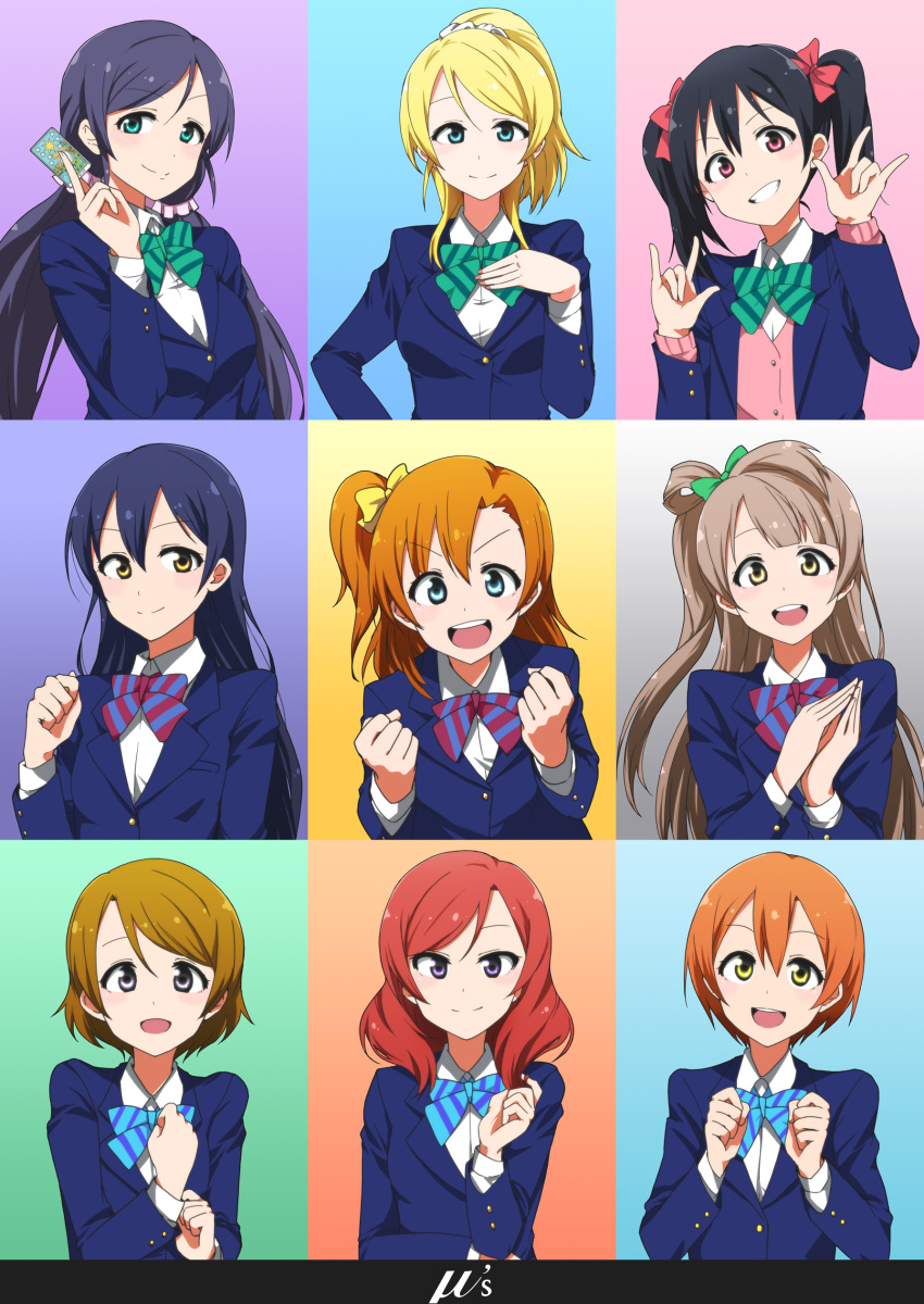 6+girls absurdres ayase_eli blazer blonde_hair blue_eyes blush bow commentary_request cover cover_page doujin_cover hair_bow highres hoshizora_rin jacket kidachi_love_live! koizumi_hanayo kosaka_honoka long_hair long_sleeves looking_at_viewer love_live! love_live!_school_idol_project minami_kotori multiple_girls nishikino_maki one_side_up orange_hair otonokizaka_school_uniform pink_scrunchie ponytail purple_eyes red_hair school_uniform scrunchie short_hair smile sonoda_umi striped_bow tojo_nozomi twintails winter_uniform yazawa_nico