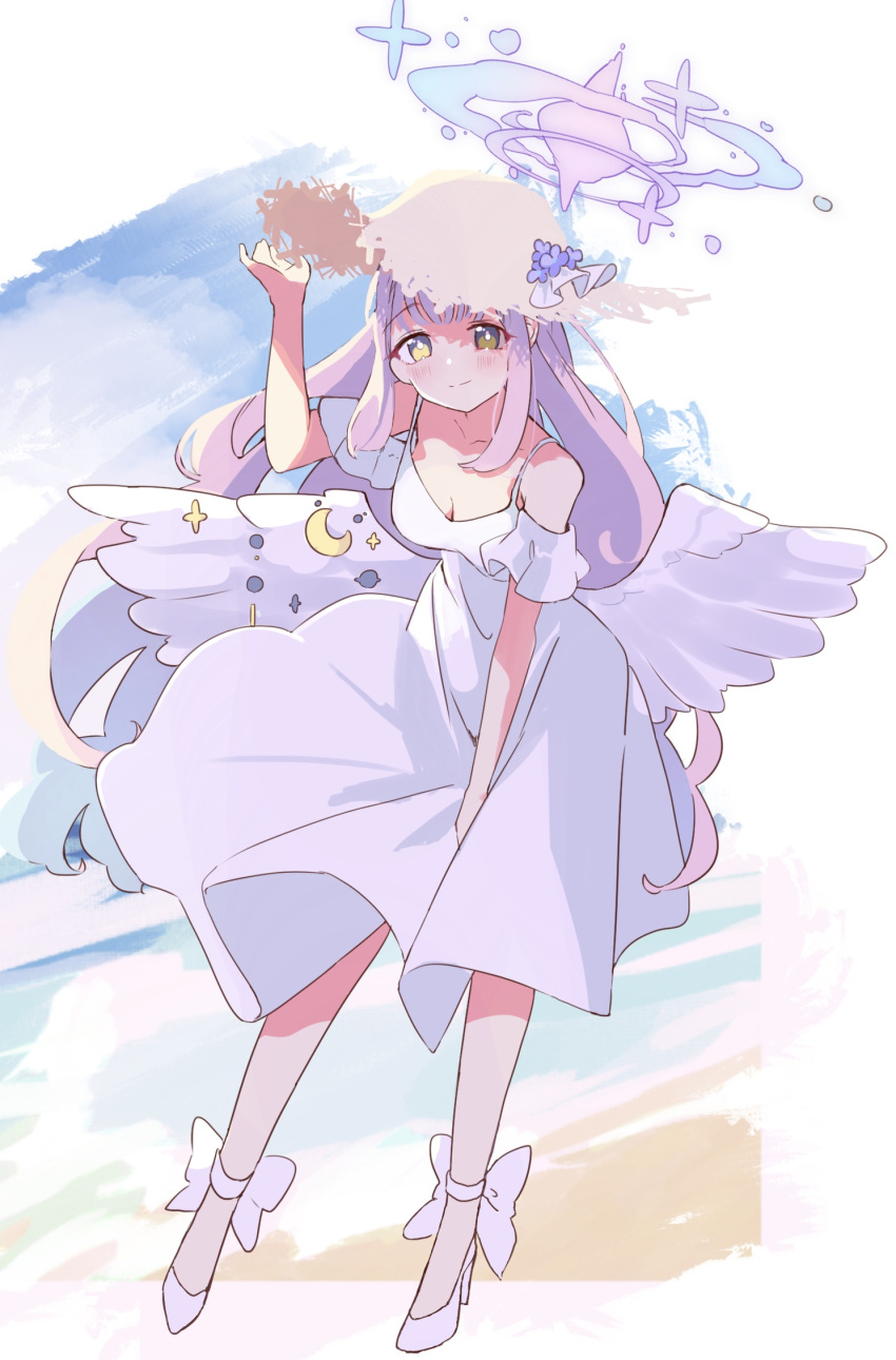 1girl arm_up beach blue_archive blush breasts bright_pupils cleavage closed_mouth collarbone dress feathered_wings floating_cape full_body halo hat high_heels highres long_hair low_wings mika_(blue_archive) pink_hair rco_as sidelocks skirt smile solo straw_hat white_dress wing_ornament wings yellow_eyes
