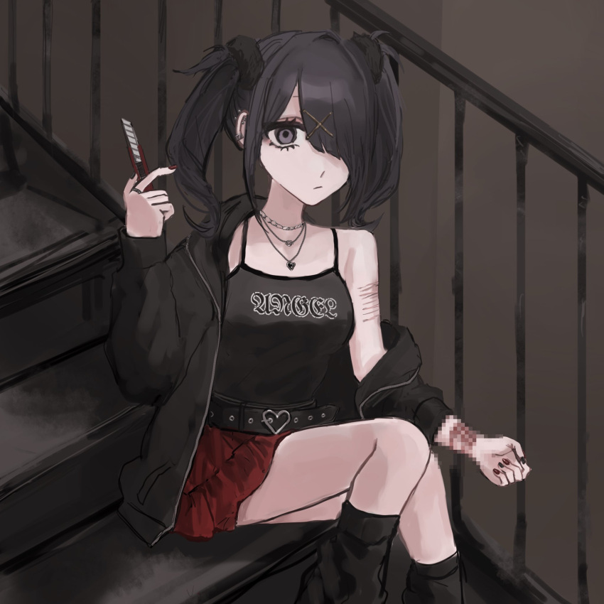 1girl ame-chan_(needy_girl_overdose) bare_shoulders belt black_belt black_eyes black_hair black_jacket black_nails black_shirt bleeding blood boxcutter breasts censored closed_mouth clothes_writing commentary_request cuts feet_out_of_frame hair_ornament hair_over_one_eye hand_up heart heart_necklace highres holding_boxcutter injury jacket jewelry leg_warmers long_hair long_sleeves looking_at_viewer medium_breasts miniskirt mosaic_censoring nail_polish necklace needy_girl_overdose off_shoulder open_clothes open_jacket red_nails red_skirt ring sanmanako self-harm shirt sitting sitting_on_stairs skirt solo stairs twintails wrist_cutting x_hair_ornament