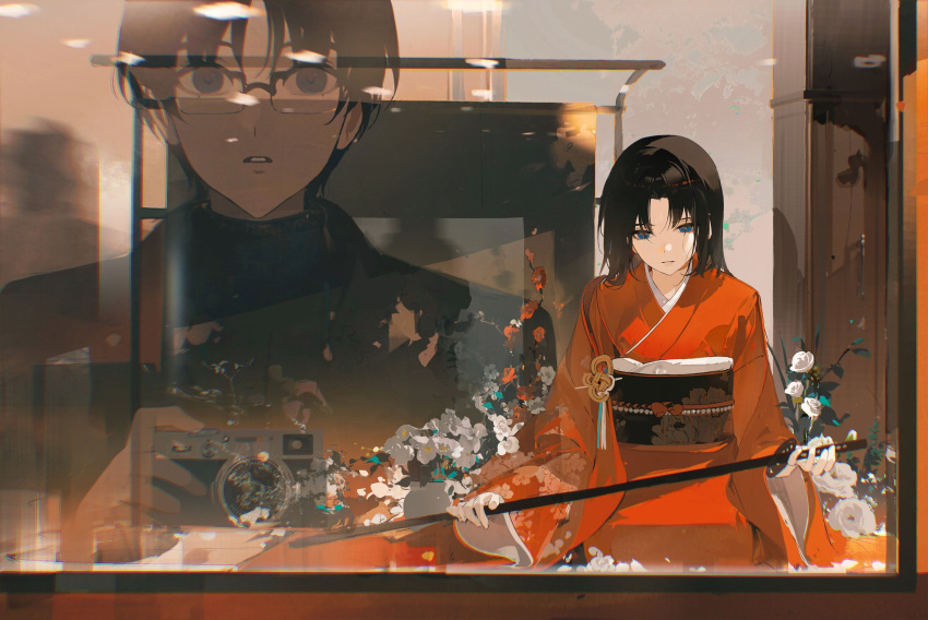 1boy 1girl absurdres black_hair black_jacket blue_eyes camera chongzhen_085 flower glasses highres holding holding_camera holding_sword holding_weapon jacket japanese_clothes katana kimono looking_at_another looking_through_window obi original red_kimono reflection sash short_hair sitting sword turtleneck weapon wide_sleeves window