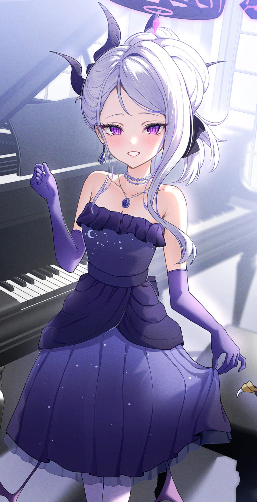 1girl :d absurdres bare_shoulders blue_archive blurry bow clothes_lift collarbone commentary_request dangle_earrings demon_girl demon_horns demon_wings depth_of_field dress dress_lift earrings elbow_gloves evening_gown gloves grand_piano hair_between_eyes hair_bow hair_ribbon halo highres hina_(blue_archive) hina_(dress)_(blue_archive) horns indoors instrument jewelry kurosaki_coco lifted_by_self long_hair looking_at_viewer necklace official_alternate_costume official_alternate_hairstyle pantyhose parted_bangs pearl_necklace pendant piano piano_keys ponytail purple_dress purple_eyes purple_gloves purple_pantyhose ribbon sidelocks smile solo strapless strapless_dress sunlight wavy_hair white_hair window wings