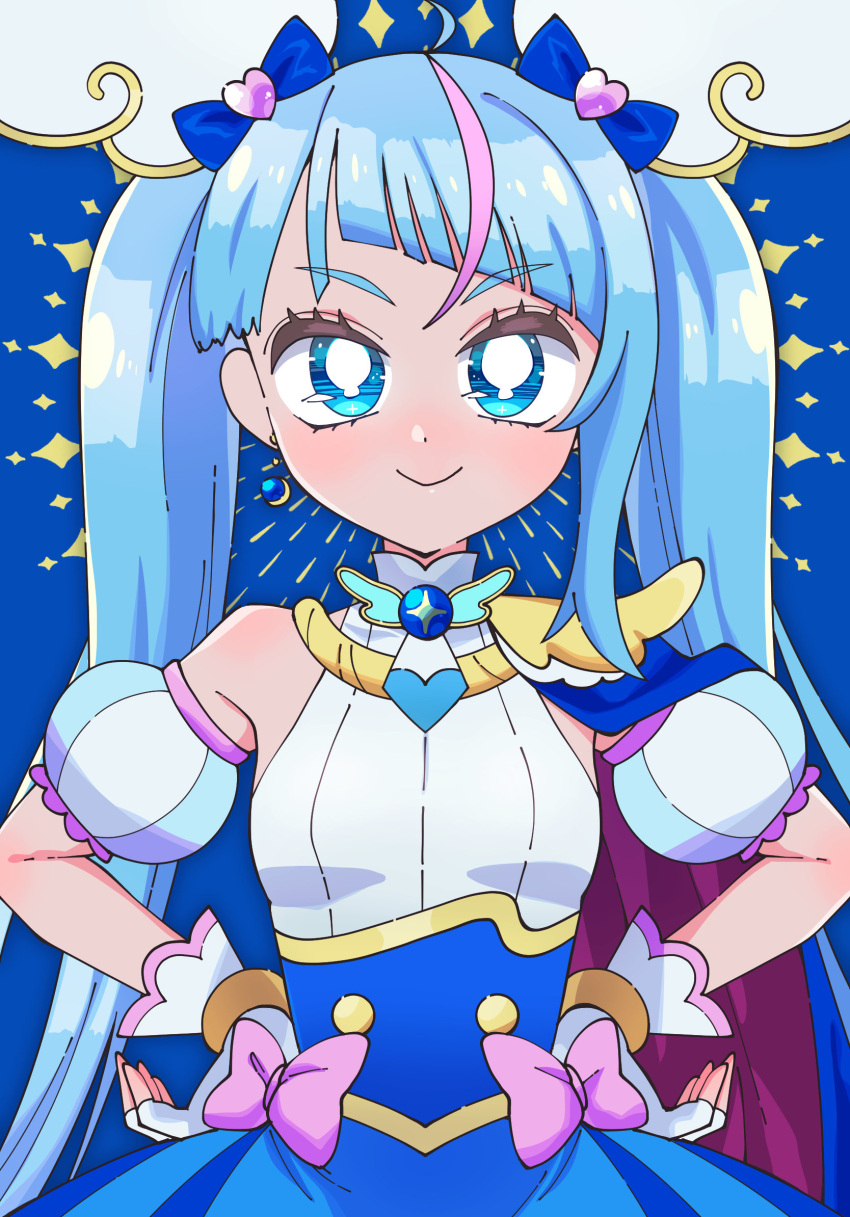 1girl blue_cape blue_dress blue_eyes blue_hair brooch cape closed_mouth commentary cure_sky cut_bangs dress earrings fingerless_gloves gloves hands_on_own_hips highres hirogaru_sky!_precure jewelry long_hair looking_at_viewer magical_girl meranoreuka_(pandapaca) multicolored_hair pink_hair precure red_cape single_earring single_sidelock sleeveless sleeveless_dress smile solo sora_harewataru standing twintails two-sided_cape two-sided_fabric two-tone_dress two-tone_hair very_long_hair white_dress white_gloves wing_brooch