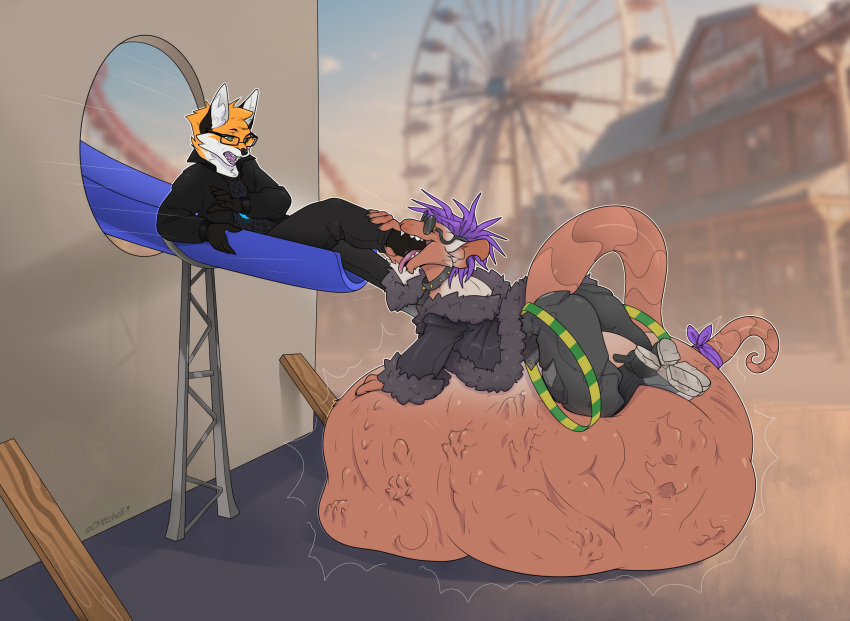 absurd_res amusement_park anthro belly big_belly black_clothing black_jacket black_topwear canid canine claws clothing cmitchell duo eyewear fox glasses green_eyes hair hi_res jacket long_tail male male/male mammal massvore murid murine pink_hair rat rodent tail topwear vore