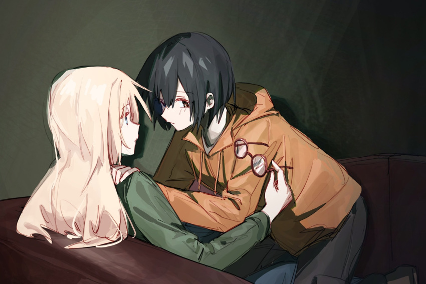 2girls black_hair blonde_hair blue_eyes brown_eyes closed_mouth commentary couch egakuning girl_on_top green_jacket hand_on_another's_shoulder highres holding holding_removed_eyewear hood hooded_jacket indoors jacket kamikoshi_sorawo long_hair looking_at_another looking_at_viewer multiple_girls nishina_toriko on_couch orange_jacket short_hair symbol-only_commentary unworn_eyewear urasekai_picnic yuri