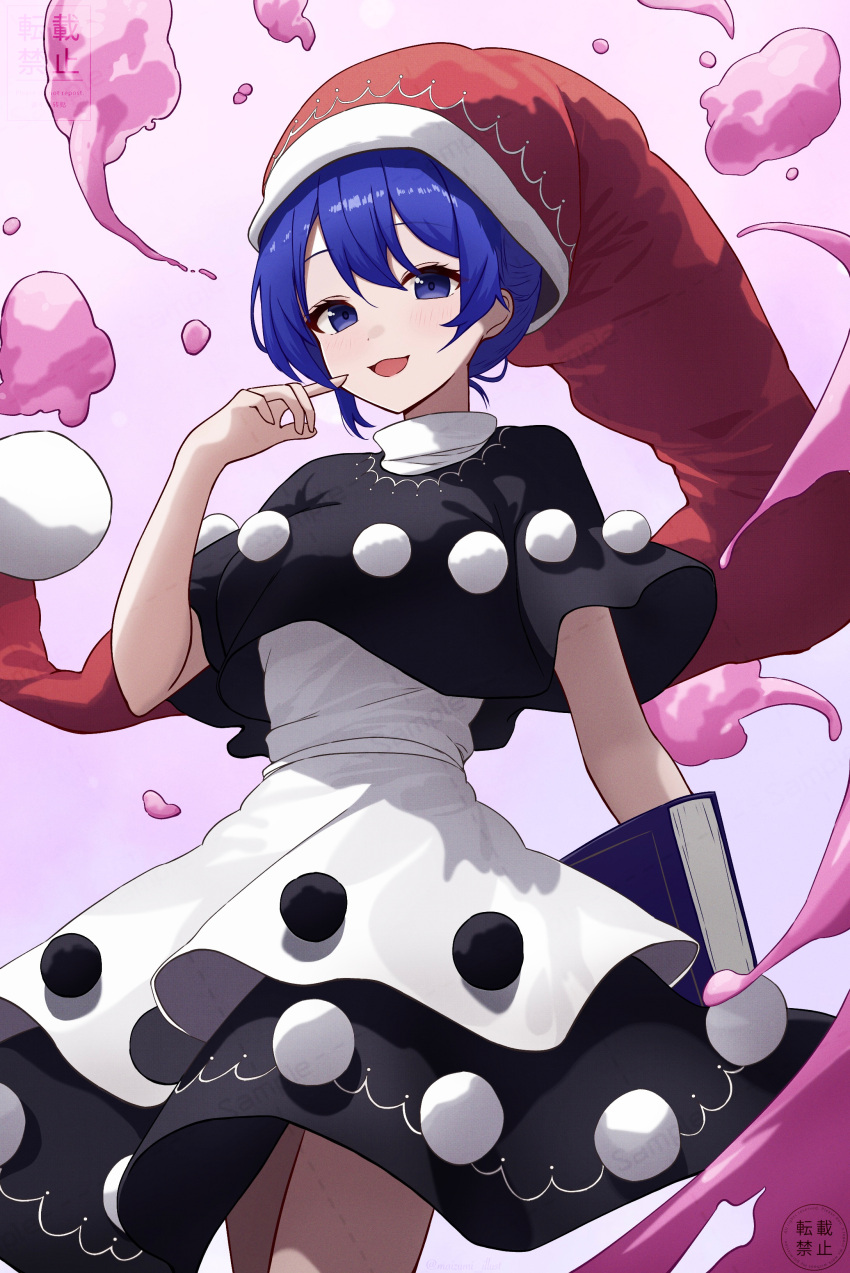 1girl :3 :d absurdres black_capelet black_dress blob blue_eyes blue_hair book capelet commentary_request doremy_sweet dream_soul dress hat highres holding holding_book looking_at_viewer maizumi nightcap open_mouth pom_pom_(clothes) red_hat short_hair smile solo standing touhou white_dress