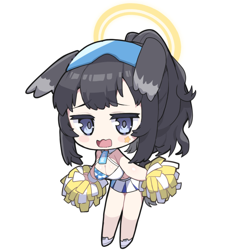 1girl animal_ears black_hair blue_archive blush_stickers breasts cheerleader chibi cleavage detached_collar dog_ears dog_tail eyewear_on_head full_body gari_gari_1 halo halterneck hibiki_(blue_archive) hibiki_(cheer_squad)_(blue_archive) highres holding holding_pom_poms large_breasts long_hair millennium_cheerleader_outfit_(blue_archive) official_alternate_costume open_mouth pom_pom_(cheerleading) purple_eyes safety_glasses shoes simple_background solo star_(symbol) tail white_background white_footwear yellow_halo