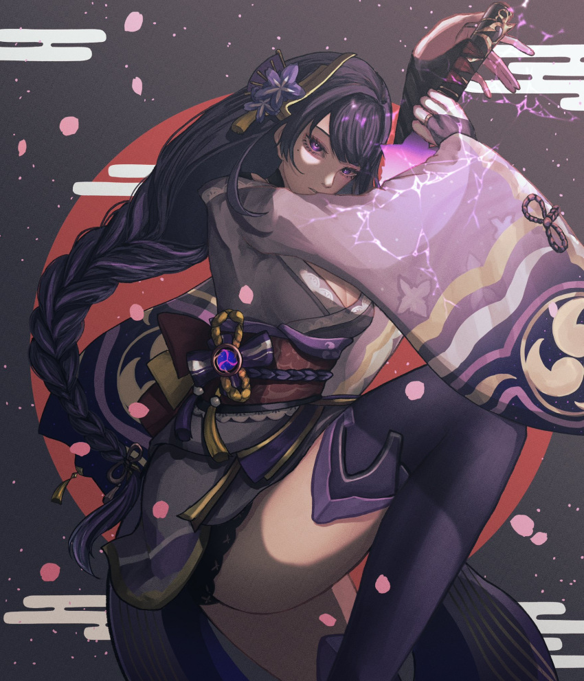 1girl aegyo_sal breasts bridal_gauntlets cherry_blossoms cleavage drawing_sword egasumi falling_petals feet_out_of_frame floating_hair flower genshin_impact hair_flower hair_ornament highres holding holding_sword holding_weapon japanese_clothes katana kimono long_braid long_hair long_sleeves looking_at_viewer mole mole_under_eye obi obiage obijime parted_lips petals purple_eyes purple_hair purple_kimono purple_thighhighs raiden_shogun red_sash sash short_kimono solo sword tayuta_(tayuta_fa) thighhighs thighs vision_(genshin_impact) weapon wide_sleeves