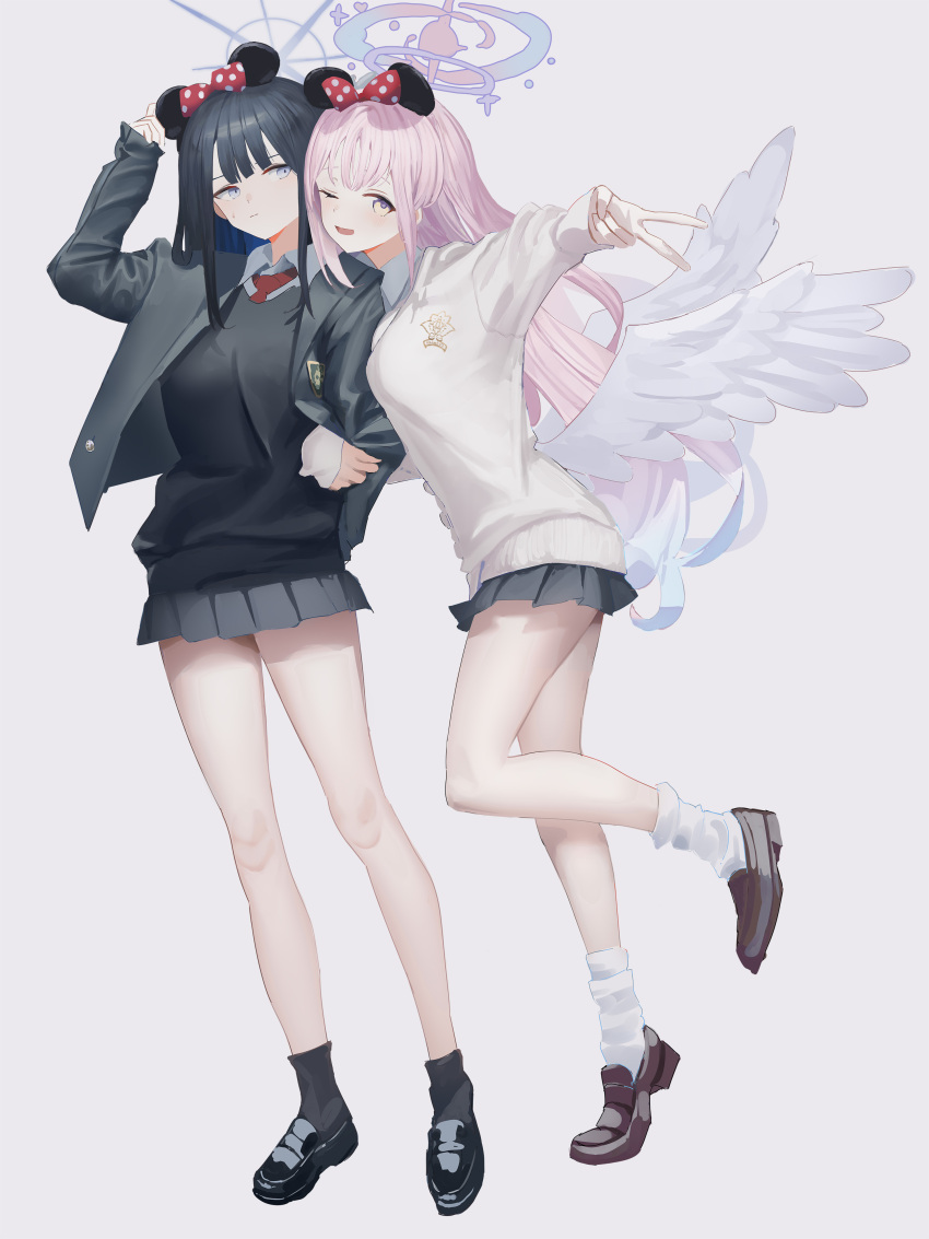 2girls ;d absurdres alternate_costume animal_ears arm_hug bare_legs black_footwear black_hair black_socks black_vest blazer blue_archive blue_hair blush brown_footwear cardigan colored_inner_hair fake_animal_ears feathered_wings full_body grey_skirt halo highres jacket loafers long_hair long_sleeves looking_at_another looking_at_viewer mika_(blue_archive) miniskirt mouse_ears multicolored_hair multiple_girls one_eye_closed pink_hair pleated_skirt saori_(blue_archive) school_uniform shoes simple_background skirt smile socks susukawa_(susucawa) sweatdrop two-tone_hair v very_long_hair vest white_background white_cardigan white_socks white_wings wings yuri