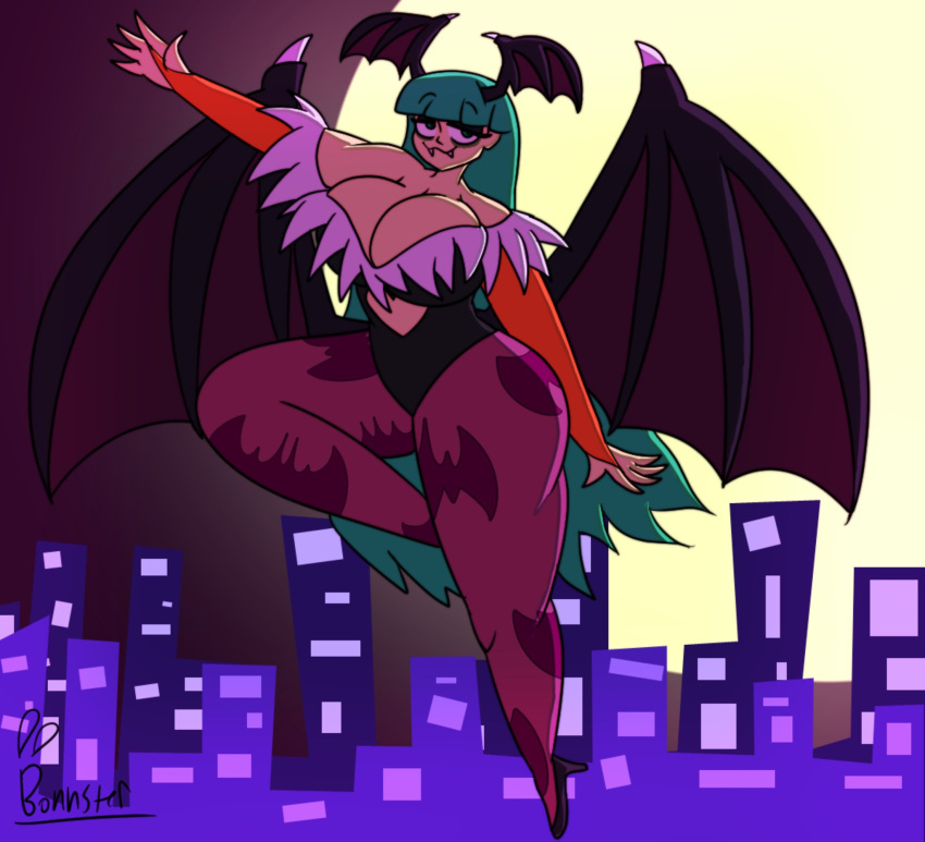 armwear big_breasts black_clothing black_leotard bonnster breasts capcom cat_smile cleavage clothed clothing darkstalkers fangs female footwear green_eyes green_hair hair head_wings hi_res huge_breasts humanoid legwear leotard long_hair looking_at_viewer membrane_(anatomy) membranous_wings moon morrigan_aensland night orange_armwear orange_clothing pattern_clothing pattern_legwear pattern_tights purple_clothing purple_footwear purple_legwear purple_shoes purple_tights shoes solo succubus tan_body tan_skin teeth thick_thighs tights wide_hips winged_humanoid wings