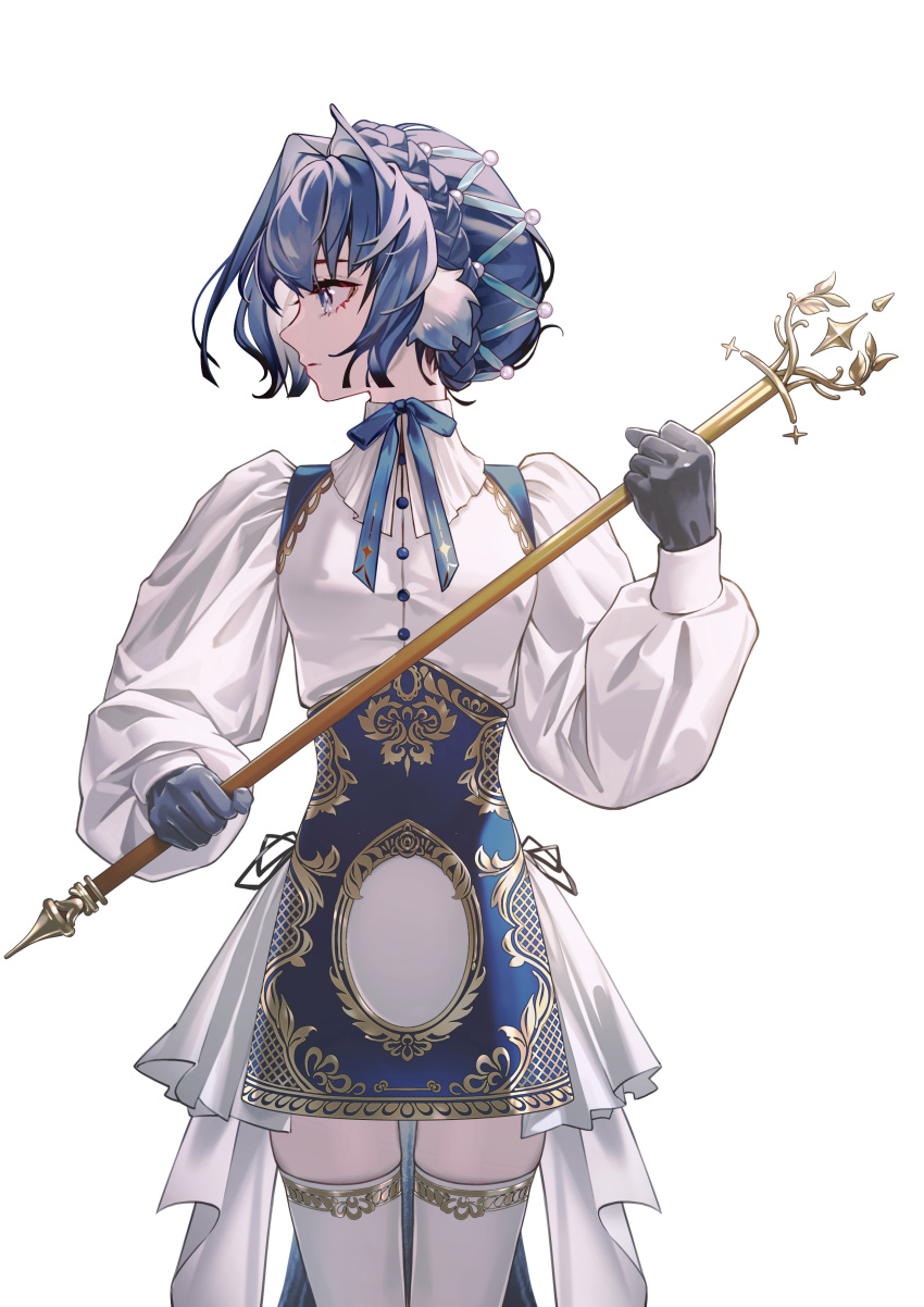 1girl absurdres alternate_costume arknights astesia_(arknights) black_gloves blue_eyes blue_hair blue_skirt commentary cowboy_shot english_commentary feather_hair frown gloves gold_trim hair_bun hair_up highres holding holding_sword holding_weapon looking_to_the_side puffy_sleeves shirt simple_background skirt solo sword thighhighs weapon white_background white_shirt white_thighhighs zhuang_yao