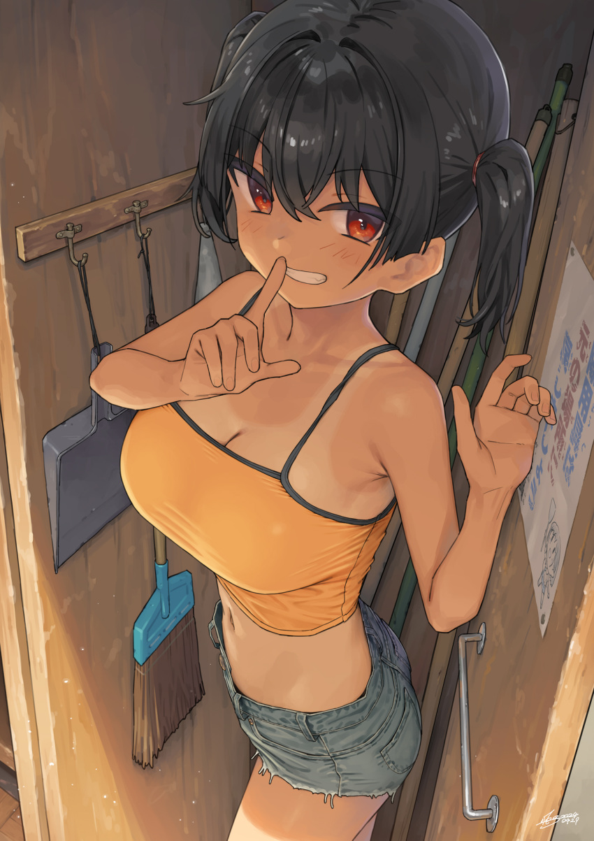 1girl armpit_crease bare_shoulders black_hair breasts camisole cleavage commentary_request denim denim_shorts finger_to_mouth gaki_kyonyuu grey_shorts highres kaedeko_(kaedelic) large_breasts looking_at_viewer mesugaki midriff navel one-piece_tan red_eyes sasaki_kanna_(kaedeko) shorts shushing signature solo tan tanlines twintails yellow_camisole