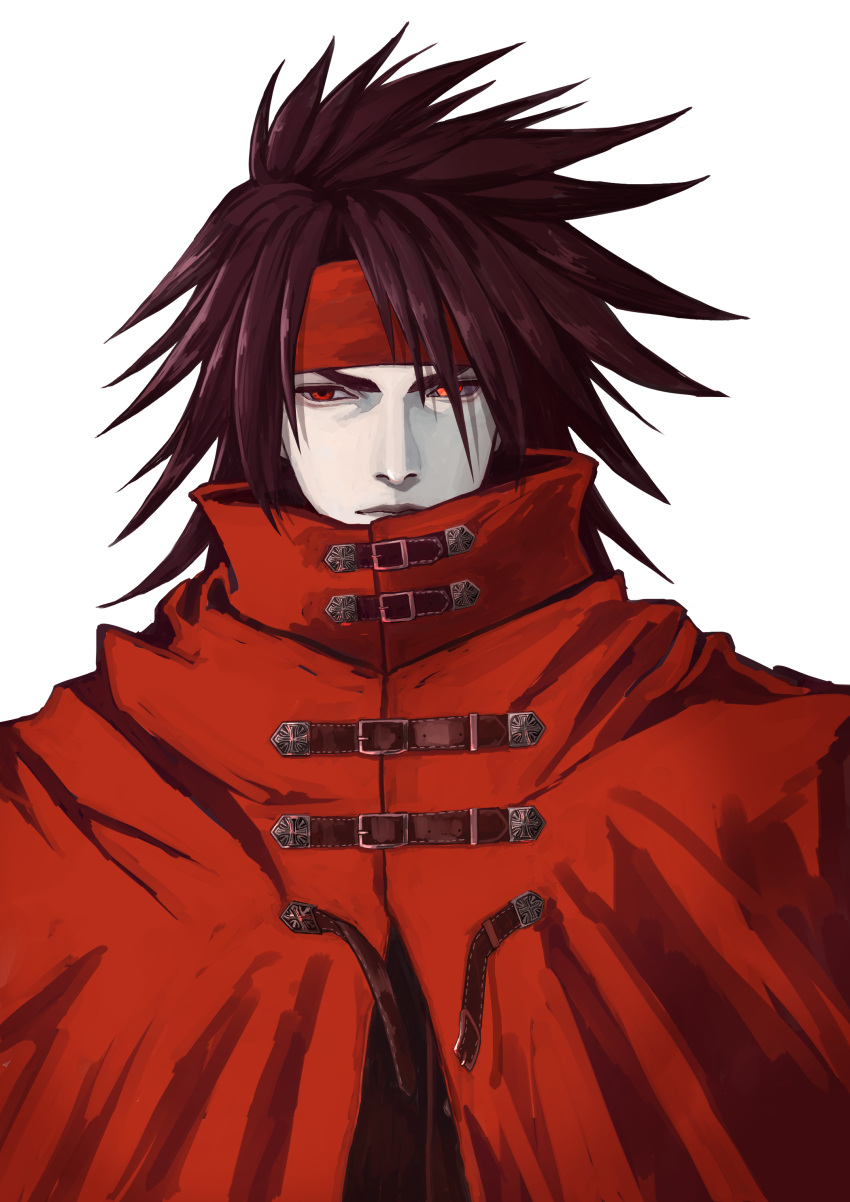 1boy absurdres belt_buckle black_hair buckle cloak closed_mouth commentary final_fantasy final_fantasy_vii final_fantasy_vii_rebirth final_fantasy_vii_remake headband highres kksdksms long_hair looking_at_viewer male_focus pale_skin red_cloak red_eyes red_headband solo spiked_hair upper_body vincent_valentine white_background