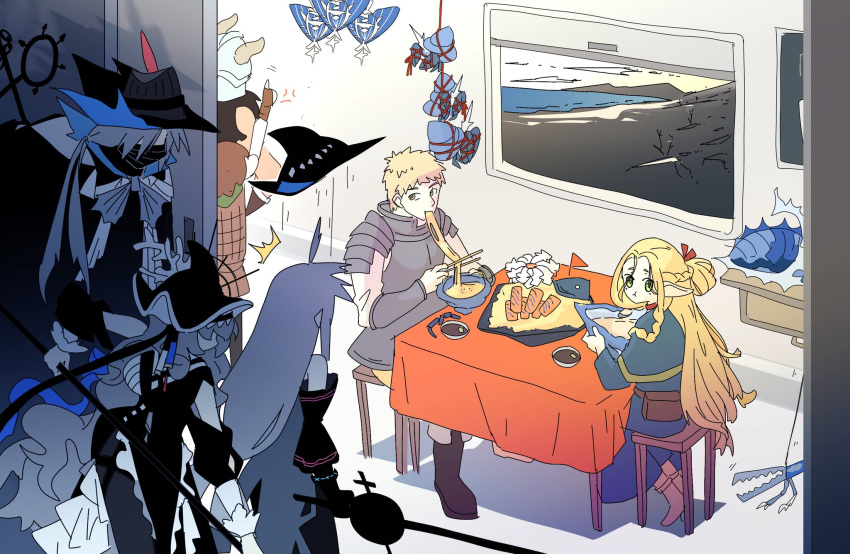 3girls 4boys arknights beach chilchuck_tims cooking crossover dungeon_meshi eating highres laios_touden losia marcille_donato multiple_boys multiple_girls seaborn_(arknights) senshi_(dungeon_meshi) skadi_(arknights) specter_(arknights) specter_the_unchained_(arknights) surprised ulpianus_(arknights) window