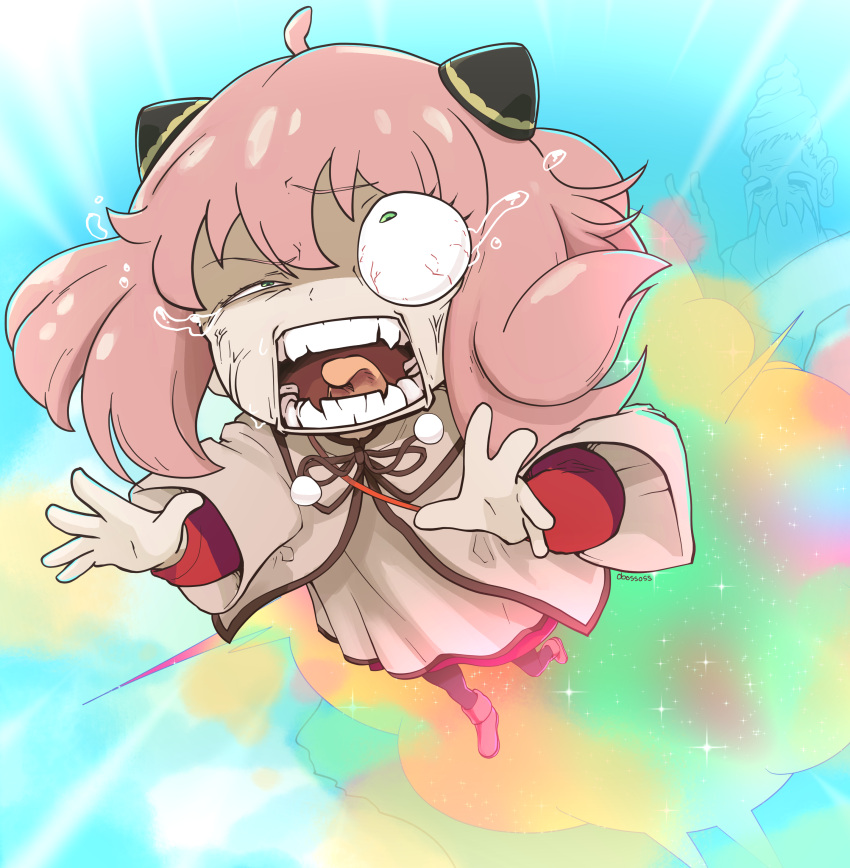 1girl absurdres ahoge anya_(spy_x_family) brown_dress brown_robe dress falling green_eyes hairpods highres midair obossoss open_mouth pink_hair robe shouting solo spy_x_family tears tongue tongue_out