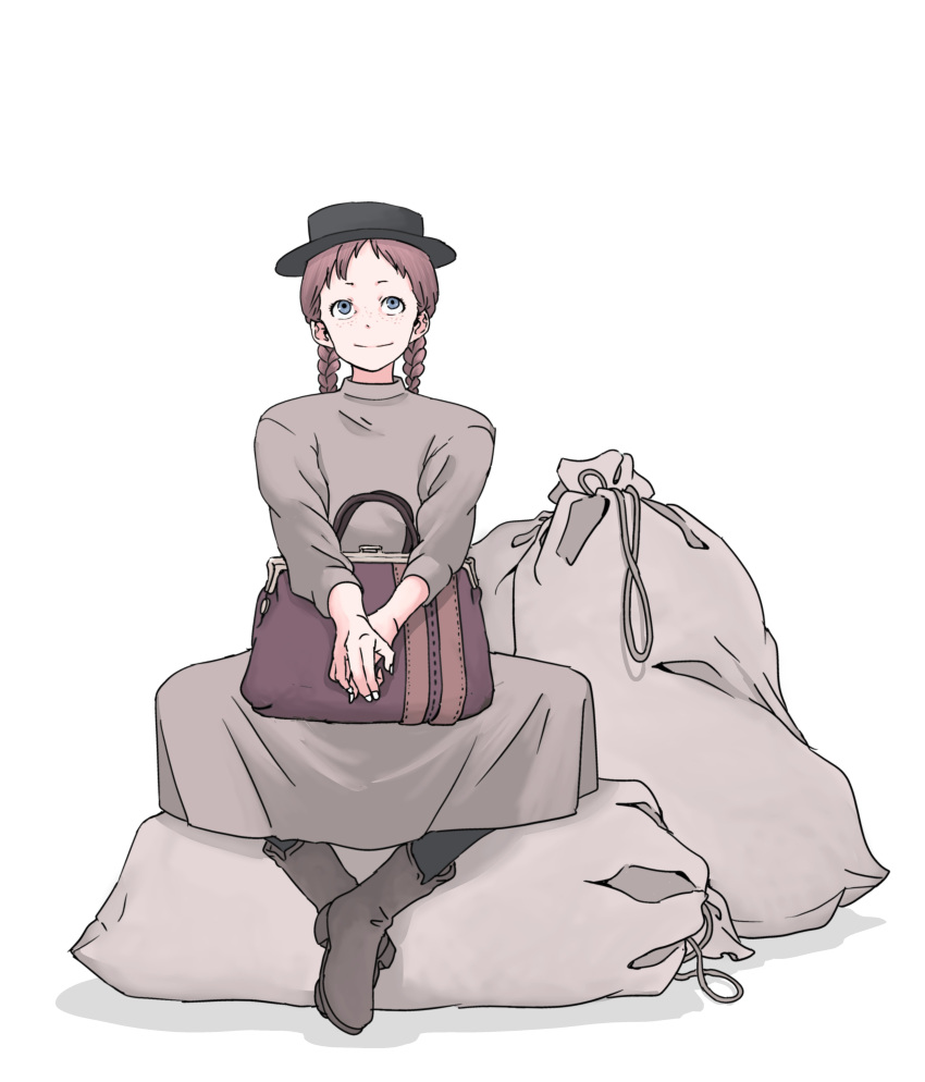 1girl absurdres anne_of_green_gables anne_shirley bag black_hat blue_eyes braid brown_footwear dress freckles full_body grey_dress handbag hat highres sack sitting skrmtl smile solo twin_braids twintails white_background