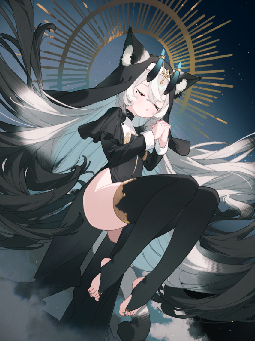 1girl absurdly_long_hair absurdres animal_ear_fluff animal_ears black_dress black_hair black_thighhighs blue_hair blue_nails bridal_legwear cat_ears cat_girl cat_tail closed_eyes coif colored_inner_hair commentary_request cross crossed_bangs dress floating_hair gradient_hair grey_hair hair_between_eyes halo highres horns interlocked_fingers jewelry light_blush long_hair long_sleeves mosou_keito multicolored_hair nail_polish no_shoes nun original own_hands_clasped own_hands_together parted_lips solo tail teardrop_facial_mark thighhighs toe_ring toenail_polish toenails very_long_hair