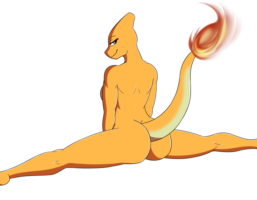 2016 anthro anthrofied breasts butt charmeleon fan_character female fire flexible half-closed_eyes looking_at_viewer looking_back nintendo nola_ignis nude pok&eacute;mon pok&eacute;morph raised_tail rear_view red_skin reptile scalie side_boob simple_background smile solo splits spread_legs spreading video_games white_background xehta13