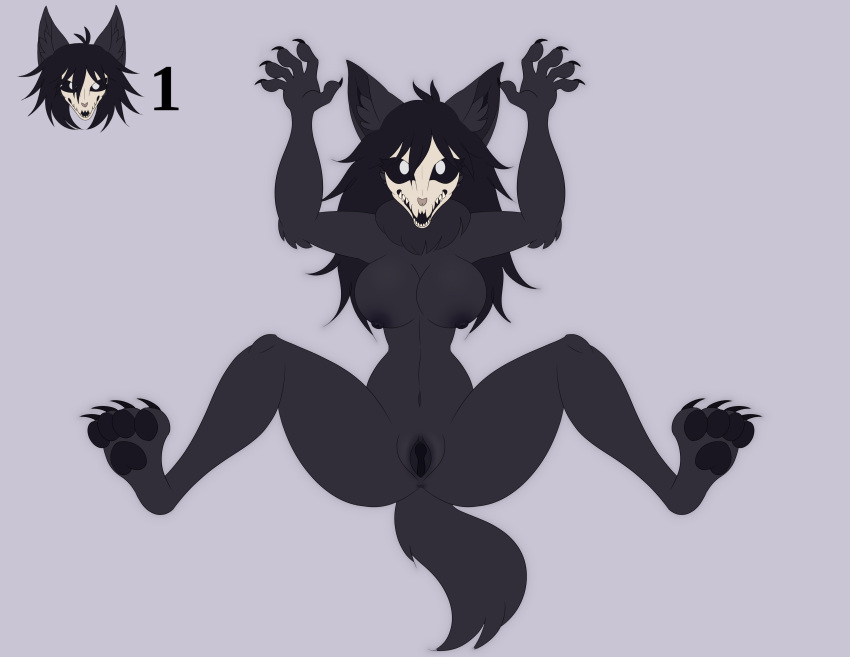 absurd_res anonymous_artist anthro black_body black_fur black_nipples black_pawpads black_pussy bone breasts canid canine defeated falling female fur gameplay_mechanics genitals hands_open hi_res life_(gaming) mal0_(species) mammal nipples pawpads platformer_death_pose pussy raised_arms scared scp-1471 scp-1471-a scp_foundation skull skull_head solo spread_legs spreading