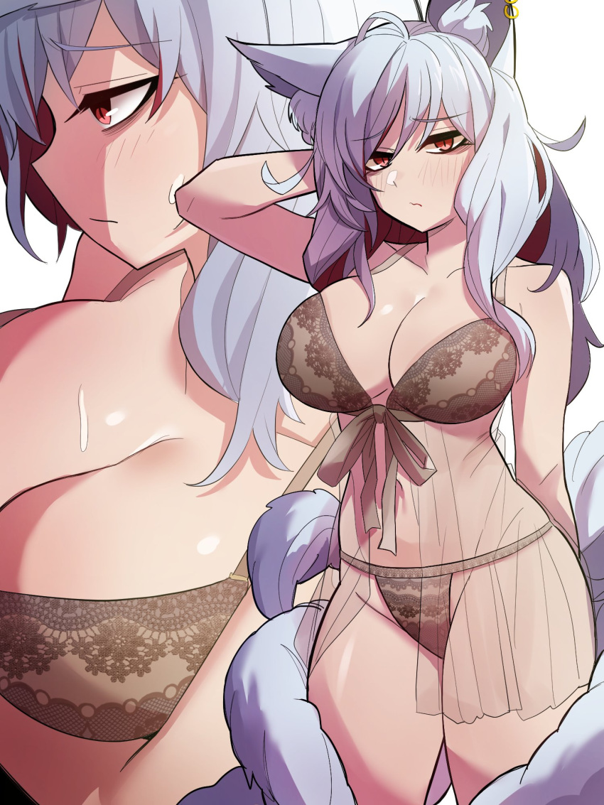 1girl ahoge animal_ear_fluff animal_ears arm_behind_head blush bra breasts cleavage closed_mouth commission earrings embarrassed fox_ears fox_girl fox_tail hair_between_eyes highres jewelry kitsune kyuubi lace-trimmed_bra lace_trim large_breasts lingerie long_hair looking_at_viewer multicolored_hair multiple_tails multiple_views navel original panties red_eyes skindentation slit_pupils stomach streaked_hair sung08ko sweat tail thighs two-tone_hair underwear white_background white_hair white_tail