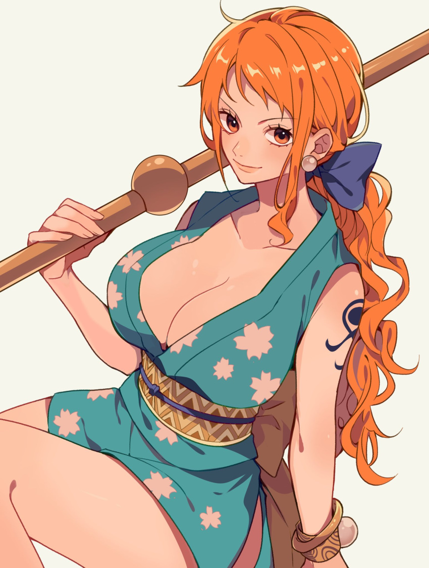 1girl bangle bare_shoulders blue_kimono blue_ribbon bracelet breasts cleavage clima-tact closed_mouth collarbone earrings feet_out_of_frame floral_print_kimono hair_ribbon highres holding holding_staff japanese_clothes jewelry kimono kurage20001 large_breasts log_pose long_hair looking_at_viewer low_ponytail nami_(one_piece) obi official_alternate_costume official_alternate_hairstyle one_piece orange_eyes orange_hair pearl_earrings ribbon sash short_kimono shoulder_tattoo simple_background single_earring sitting sleeveless sleeveless_kimono smile solo staff tattoo wavy_hair