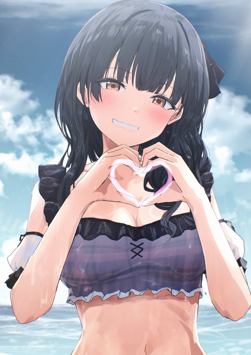 1girl absurdres bikini black_bow black_hair blunt_bangs blush bow breasts brown_eyes cleavage cloud cloudy_sky collarbone cross-laced_bikini cross-laced_clothes detached_sleeves dot_nose drawn_heart eyes_visible_through_hair frilled_bikini frills grin hair_over_shoulder hands_up head_tilt heart heart_hands highres idolmaster idolmaster_shiny_colors large_breasts long_hair looking_at_viewer mayuzumi_fuyuko misaki_nonaka navel ocean open_mouth outdoors plaid plaid_bikini purple_bikini raised_eyebrows sky smile solo sunlight swimsuit thick_eyelashes upper_body wavy_hair wet white_sleeves