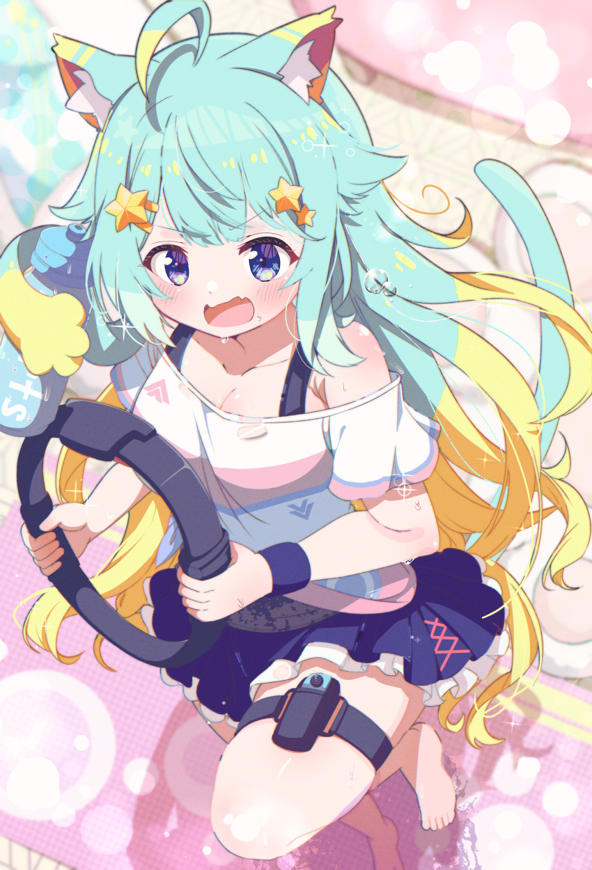 1girl absurdres ahoge animal_ear_fluff animal_ears aqua_hair barefoot blonde_hair blue_eyes blue_skirt breasts cat_ears cat_girl cat_tail commission fang from_above hair_ornament highres indie_virtual_youtuber lanmewko looking_at_viewer medium_breasts multicolored_hair nintendo_switch open_mouth ring-con shiro9jira skeb_commission skin_fang skirt star_(symbol) star_hair_ornament tail virtual_youtuber