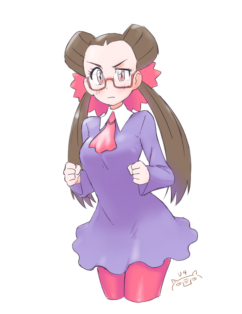 1girl ascot bespectacled blush bow breasts brown_hair dress drowzee glasses hair_pulled_back highres looking_at_viewer pantyhose pink_ascot pink_bow pink_eyes pink_pantyhose pokemon pokemon_(creature) pokemon_rse roxanne_(pokemon) simple_background solo twintails u4_99384295