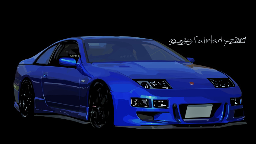 absurdres black_background blue_car car cybernipper highres motor_vehicle nissan nissan_300zx nissan_300zx_(z32) nissan_fairlady_z original simple_background sports_car twitter_username vehicle_focus