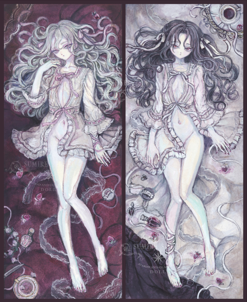 2girls acrylic_paint_(medium) barefoot black_hair bottle commentary_request cracked_skin cup doll expressionless flat_chest food frilled_nightgown fruit full_body grey_hair hair_spread_out highres long_hair looking_at_viewer lying multiple_girls navel nightgown on_back original painting_(medium) pale_skin perfume_bottle purple_eyes red_eyes strawberry sumire_shisei teacup traditional_media wavy_hair white_nightgown