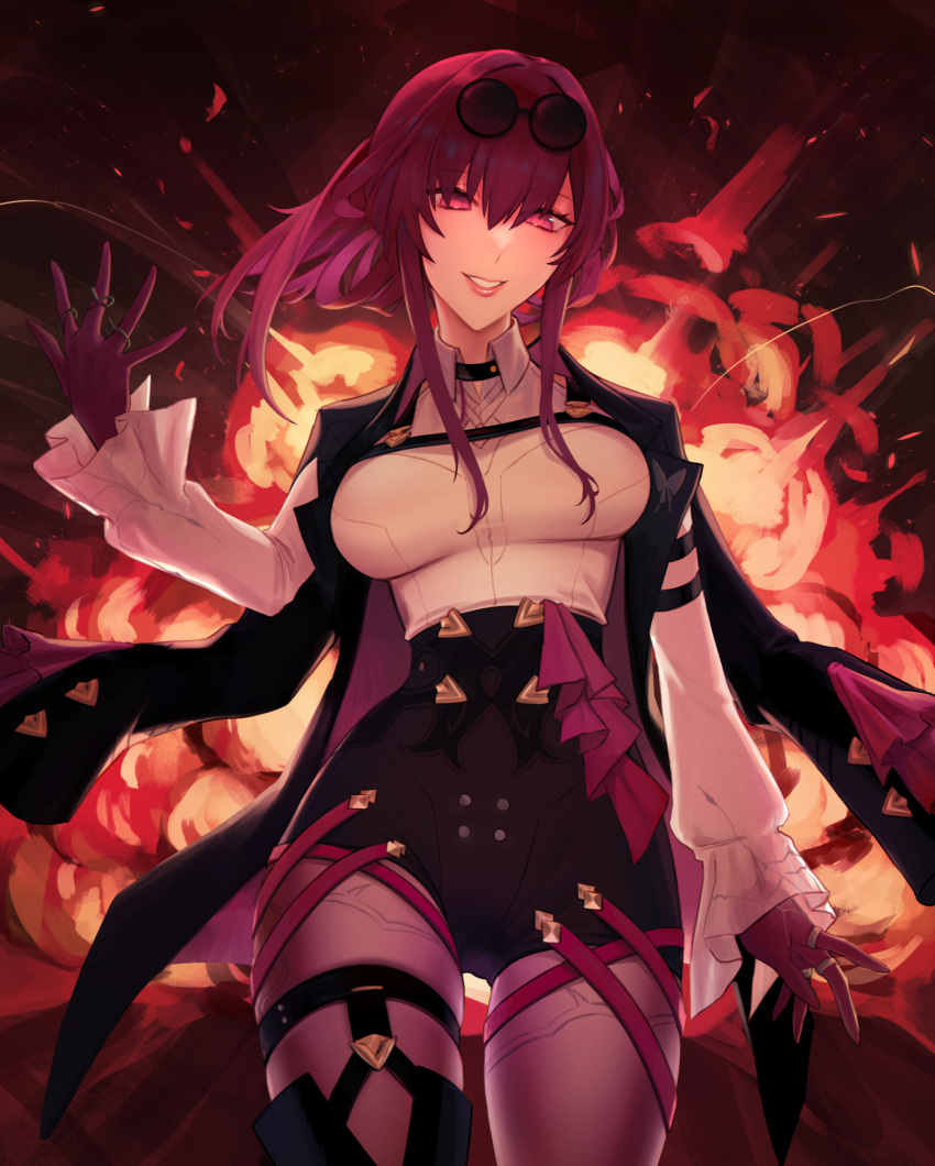 1girl breasts cropped_legs explosion eyewear_on_head gloves hair_between_eyes high-waist_shorts highres honkai:_star_rail honkai_(series) impossible_clothes impossible_shirt jacket kafka_(honkai:_star_rail) large_breasts long_hair long_sleeves n0r0 pantyhose pantyhose_under_shorts purple_eyes purple_gloves purple_hair purple_pantyhose round_eyewear shirt shorts simple_background smile solo standing sunglasses white_shirt