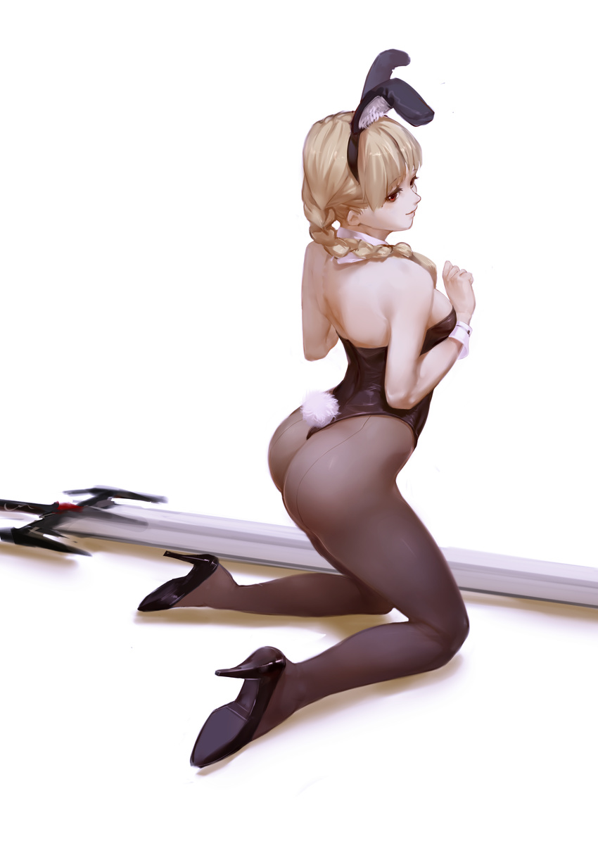 animal_ears ass bangs bare_shoulders black_footwear black_legwear black_leotard blonde_hair braid breasts bunny_ears bunny_girl bunny_tail bunnysuit closed_mouth delia_(mabinogi) detached_collar eyebrows eyebrows_visible_through_hair fake_animal_ears from_above from_side full_body hairband high_heels highres kneeling leaning_forward leotard long_hair looking_back mabinogi mabinogi_heroes medium_breasts pantyhose red_eyes shadow shoes shou_xian_wu sideboob simple_background single_braid smile solo strapless strapless_leotard sword tail thong_leotard weapon wrist_cuffs