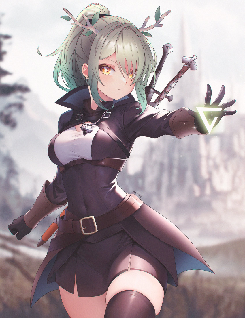 1girl belt black_gloves black_skirt blurry blurry_background breasts ceres_fauna closed_mouth covered_navel earrings english_commentary frown gloves green_hair highres hololive hololive_english horns jewelry long_hair long_sleeves magic medium_breasts miniskirt mole mole_under_eye outdoors ponytail signature sk_jynx skirt solo sword sword_on_back weapon weapon_on_back yellow_eyes zettai_ryouiki