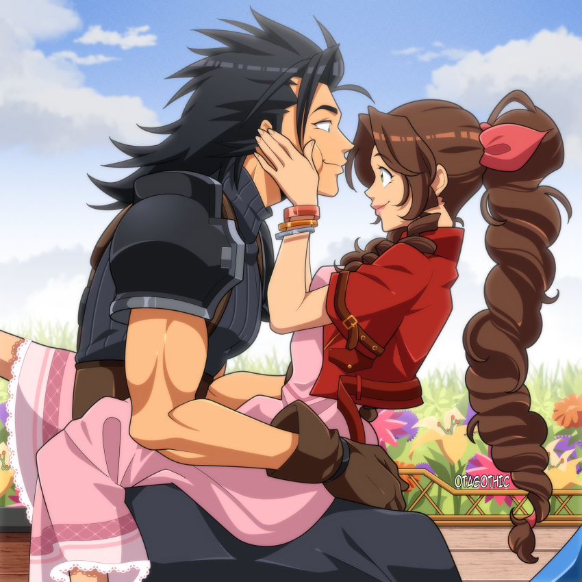 1boy 1girl aerith_gainsborough armor artist_name baggy_pants bangle black_hair blue_eyes blue_sky bracelet braid braided_ponytail breasts brown_gloves brown_hair closed_mouth cloud cloudy_sky commentary couple crisis_core_final_fantasy_vii dress drill_hair drill_sidelocks english_commentary feet_out_of_frame final_fantasy final_fantasy_vii final_fantasy_vii_rebirth final_fantasy_vii_remake flower from_side girl_on_top gloves grass green_eyes hair_ribbon hands_on_another's_cheeks hands_on_another's_face highres jacket jewelry long_dress long_hair looking_at_another medium_hair open_clothes open_jacket otagothic outdoors pants pink_dress pink_ribbon profile red_jacket ribbed_sweater ribbon short_sleeves shoulder_armor sidelocks sitting sitting_on_lap sitting_on_person sky sleeveless sleeveless_turtleneck small_breasts smile spiked_hair sweater turtleneck turtleneck_sweater very_long_hair yellow_flower zack_fair