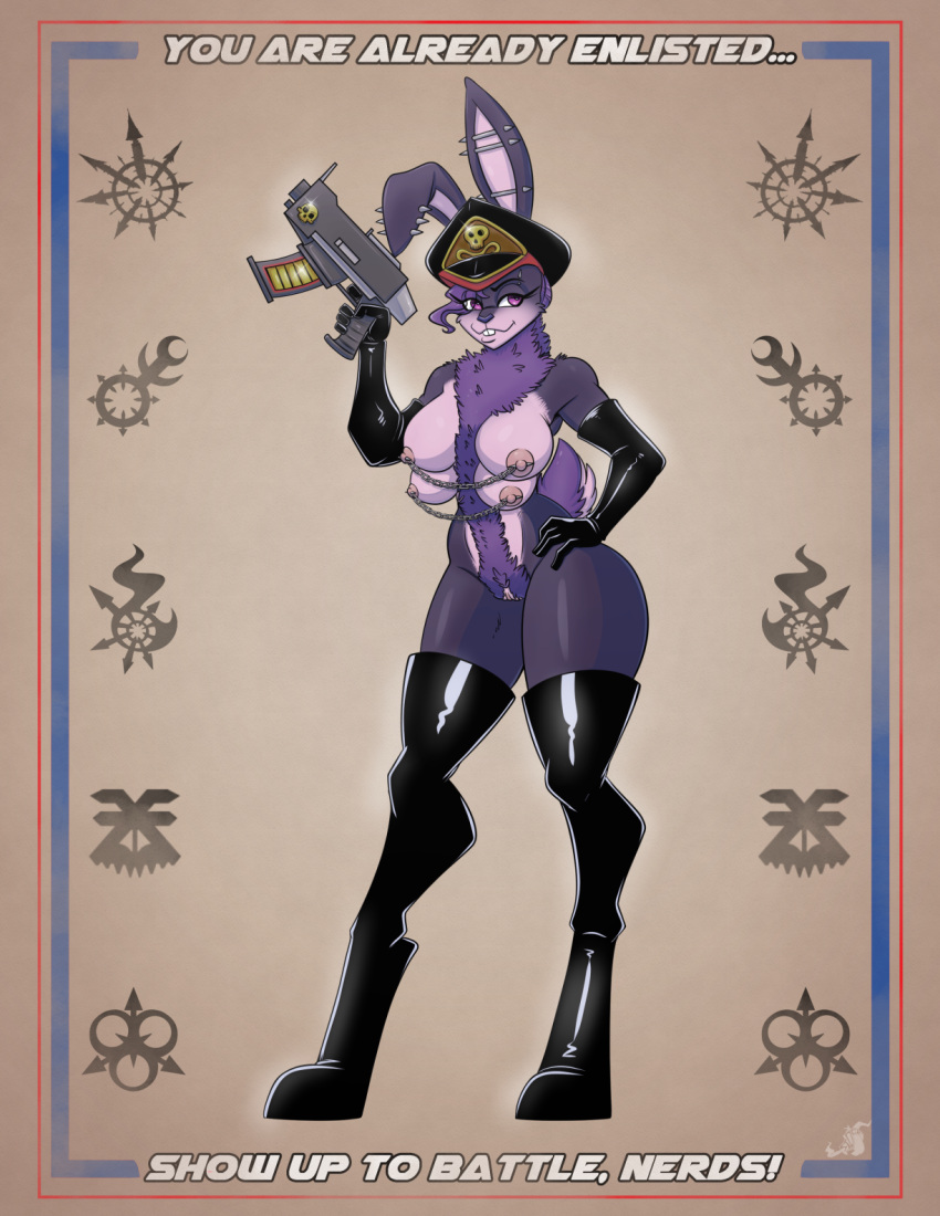 breasts digital_drawing_(artwork) digital_media_(artwork) fur genitals gun hi_res lagomorph leporid mammal multi_breast nipples nude_female pattern_background poster purple_body purple_fur pussy rabbit ranged_weapon simple_background stogiegoatarts warhammer_(franchise) weapon