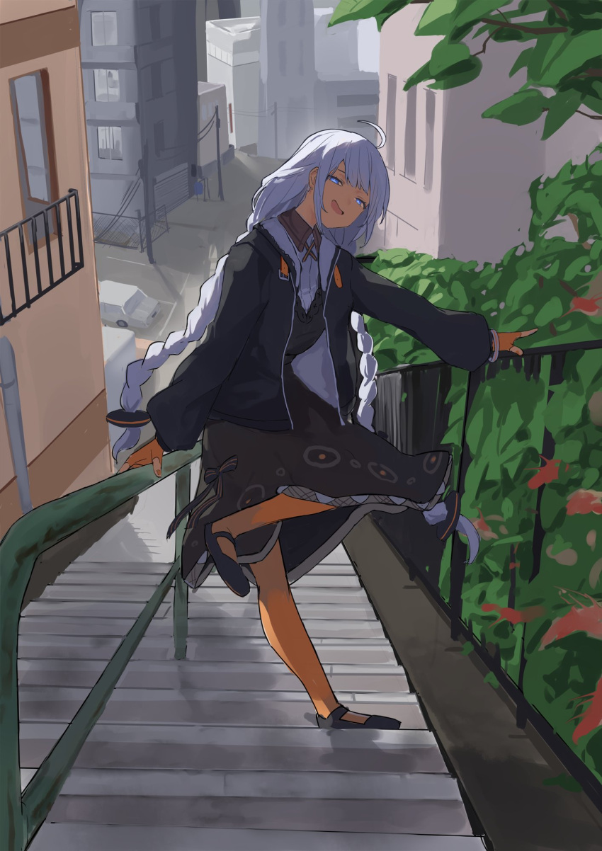 1girl :d ahoge arm_support black_dress black_footwear black_jacket blue_eyes bracelet braid branch bush car cityscape day drainpipe dress from_side full_body highres jacket jewelry kizuna_akari long_bangs long_hair long_sleeves looking_at_viewer low_twin_braids motor_vehicle on_stairs open_clothes open_jacket open_mouth outdoors plant pocche-ex power_lines railing shoes sidelocks smile solo stairs standing standing_on_one_leg twin_braids v-neck very_long_hair voiceroid white_hair window