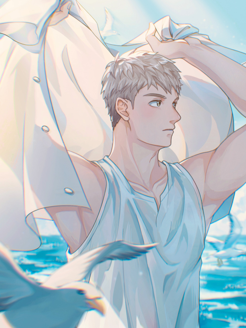 1boy absurdres arms_up bird blue_background blue_sky brown_eyes brown_hair dungeon_meshi highres laios_touden light_brown_hair looking_to_the_side male_focus parted_lips seagull short_hair sky sunlight tank_top upper_body very_short_hair water white_tank_top yato_(alphonse59)