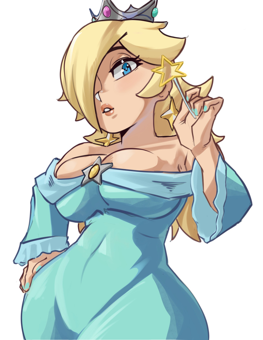 1girl absurdres blonde_hair blue_dress blue_eyes blue_nails breasts brooch cleavage crown dress earrings english_commentary eyelashes hair_over_one_eye hand_on_own_hip highres holding holding_wand jewelry long_hair long_sleeves looking_at_viewer mario_(series) moxydraws off-shoulder_dress off_shoulder parted_lips rosalina solo star_(symbol) star_brooch star_earrings wand white_background