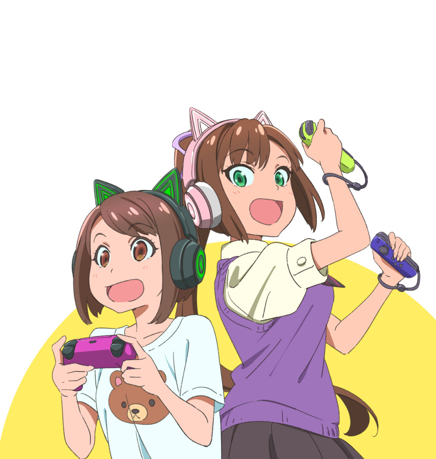 2girls :d absurdres animal_ear_headphones animal_ears animal_print animification bear_print black_headphones black_skirt brown_eyes brown_hair cat_ear_headphones collarbone collared_shirt controller dual_persona fake_animal_ears game_controller green_eyes hayama_ikumi headphones highres holding holding_controller holding_game_controller joy-con looking_at_viewer multiple_girls nintendo_switch_pro_controller open_mouth pink_headphones pleated_skirt ponytail print_shirt puffy_short_sleeves puffy_sleeves purple_sweater_vest razer real_life sano_keiichi shirt short_hair short_sleeves skirt smile sweater_vest two-tone_background white_background white_shirt yellow_background