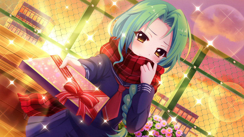 1girl bench blue_serafuku blue_skirt blush bow box braid building chain-link_fence closed_mouth cloud dot_nose dutch_angle evening fence film_grain flower flower_bed forehead game_cg gift gift_box green_hair hand_up happy_valentine holding holding_box holding_gift incoming_gift izumi_tsubasu lens_flare long_braid long_sleeves necktie non-web_source official_art orange_sky outdoors outstretched_arm pink_flower plaid plaid_scarf purple_sky re:stage! red_bow red_necktie red_ribbon red_scarf ribbon scarf school_uniform serafuku shirokita_kuroha single_braid skirt sky solo sparkle sunset valentine winter_uniform wooden_bench yellow_eyes