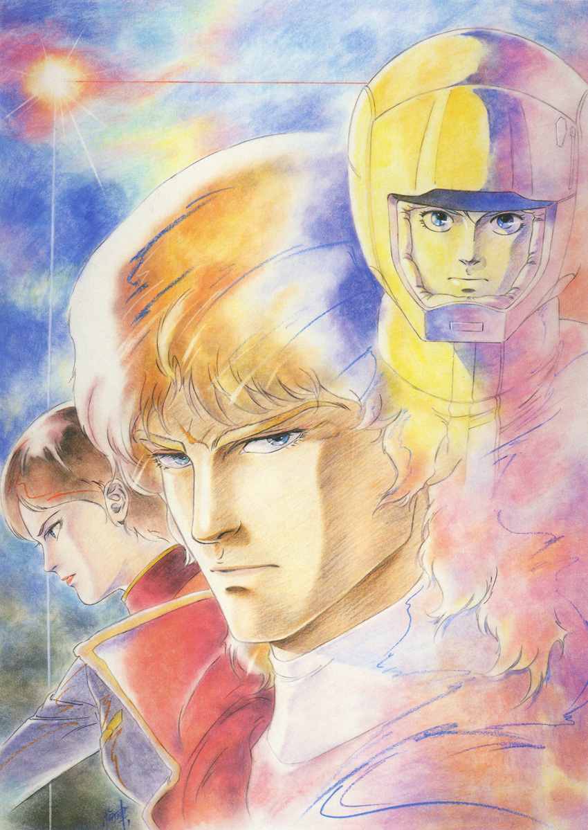 1980s_(style) 1girl 2boys blonde_hair blue_eyes brown_hair colored_pencil_(medium) emma_sheen energy gundam helmet highres kamille_bidan looking_at_viewer military mullet multiple_boys pilot_suit production_art promotional_art quattro_bajeena retro_artstyle scan science_fiction serious signature spacesuit traditional_media umetsu_yasuomi uniform zeta_gundam