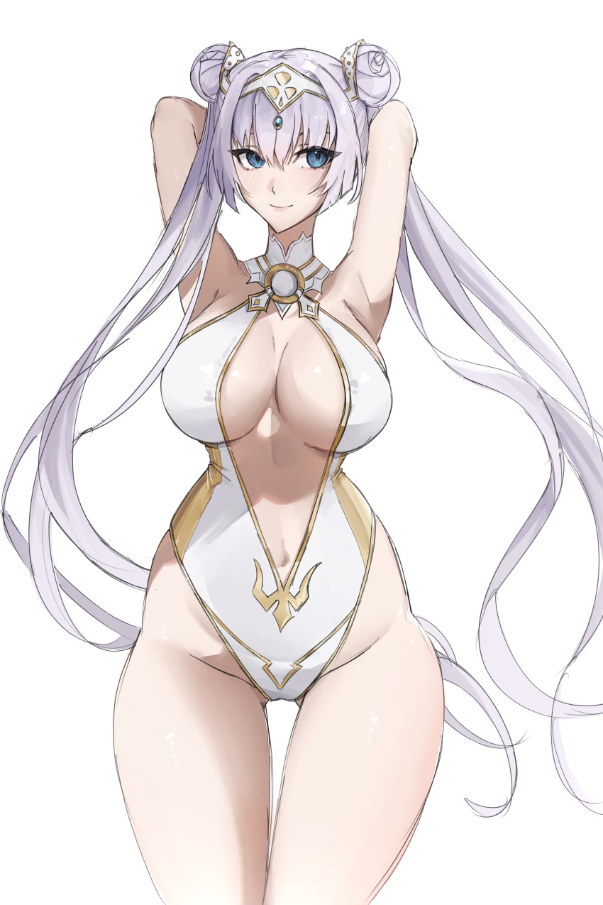 13addendum 1girl absurdres armpits arms_behind_head arms_up bare_shoulders blue_eyes blush breasts britomart_(fate) britomart_(final_ascension)_(fate) center_opening cleavage double_bun fate/grand_order fate_(series) gold_one-piece_swimsuit gold_trim grey_hair hair_bun hairband highleg highleg_swimsuit highres large_breasts long_hair looking_at_viewer navel o-ring one-piece_swimsuit pointy_ears smile solo swimsuit taut_clothes taut_swimsuit thighs twintails two-tone_swimsuit very_long_hair white_one-piece_swimsuit