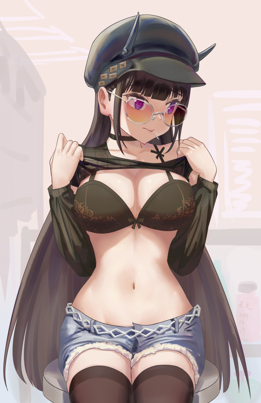 1girl absurdres azur_lane belt_chain black_bra black_choker black_hair black_shirt black_thighhighs blush bow bow_bra bra breasts choker cleavage clothes_lift collarbone cutoffs denim denim_shorts hat_horns highres large_breasts long_hair long_sleeves looking_to_the_side midriff navel noshiro_(azur_lane) noshiro_(dressed-up_date)_(azur_lane) off-shoulder_shirt off_shoulder official_alternate_costume on_stool pink-tinted_eyewear purple_eyes ribbed_shirt ruan_weidao shirt shirt_lift short_shorts shorts single_bare_shoulder stool striped_clothes striped_shirt thighhighs tinted_eyewear underwear vertical-striped_clothes vertical-striped_shirt wide_hips