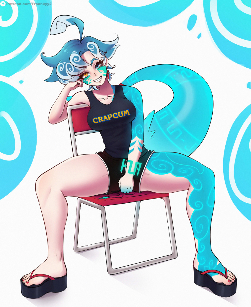 1girl absurdres breasts capcom chair dolphin_shorts feet fraankyy highres large_breasts nail_polish original sandals shark_girl sharp_teeth short_hair shorts smile solo spread_legs tail tank_top tattoo teeth thick_eyebrows toenail_polish toenails toes virtual_youtuber